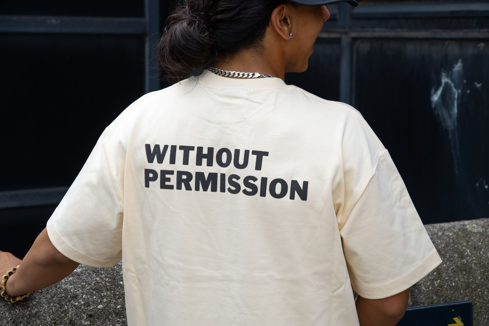 WITHOUT PERMISSION worn in London, seen from behind